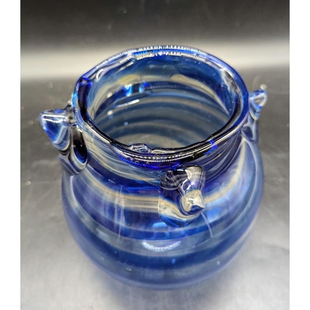 Vintage Hand‎ Blown Art Glass Blue Striped Vase Vessel Signed 6"